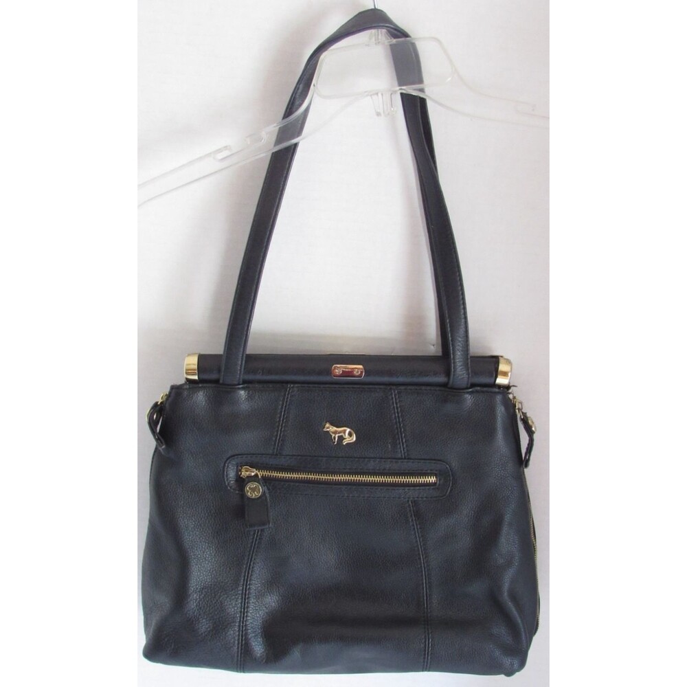 Emma Fox Black Pebbled Leather Double Handled Kiss Lock Purse Handbag Satchel